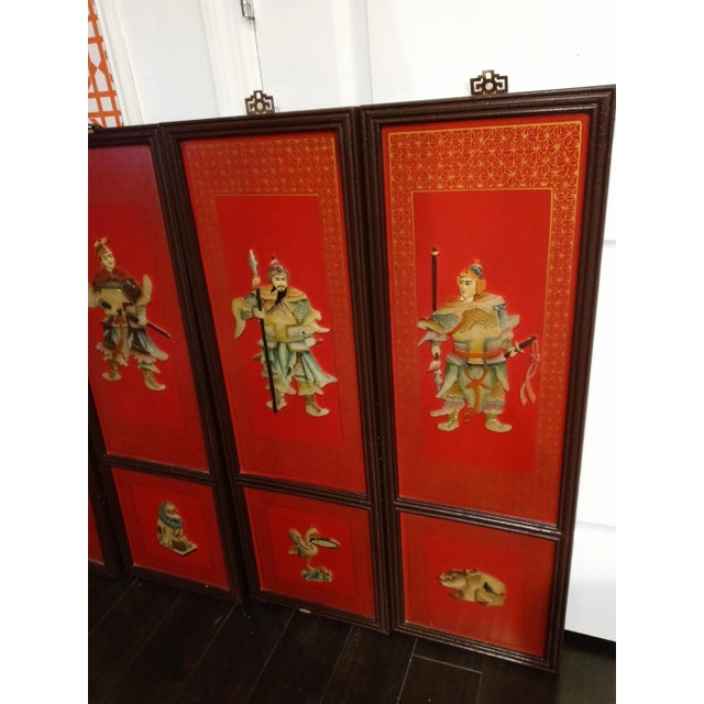 Vintage Chinese Chinoiserie Red Semi Precious Stone Emperor Decorative Wall Panels- Set of 4 For Sale - Image 9 of 12