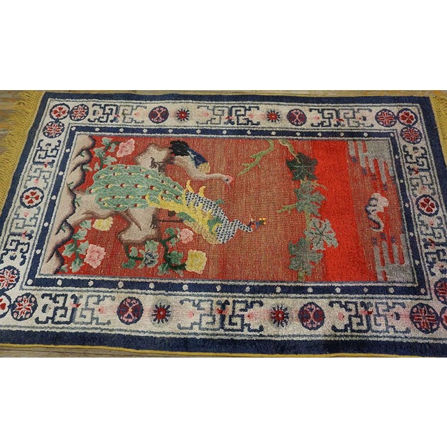 Textile Extraordinary Ruby Red Background Color With Floral and Peacock Design Vintage Chinese Silk Rug For Sale - Image 7 of 12