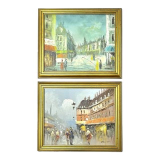 1950s Paris Street Scene Oil Paintings – Signed Cityscape Pair For Sale