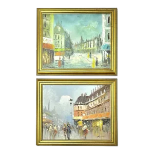 1950s Paris Street Scene Oil Paintings – Signed Cityscape Pair