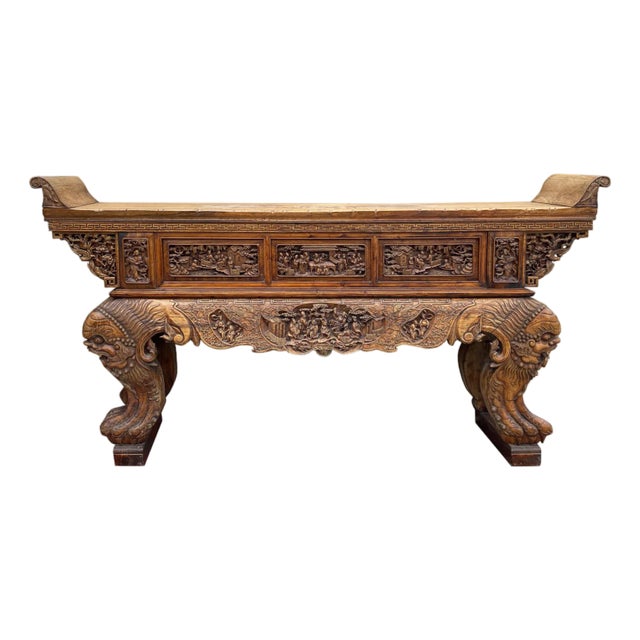 Chinese Vintage Opera Scenery Lion Heads Carving Long Altar Console Table For Sale