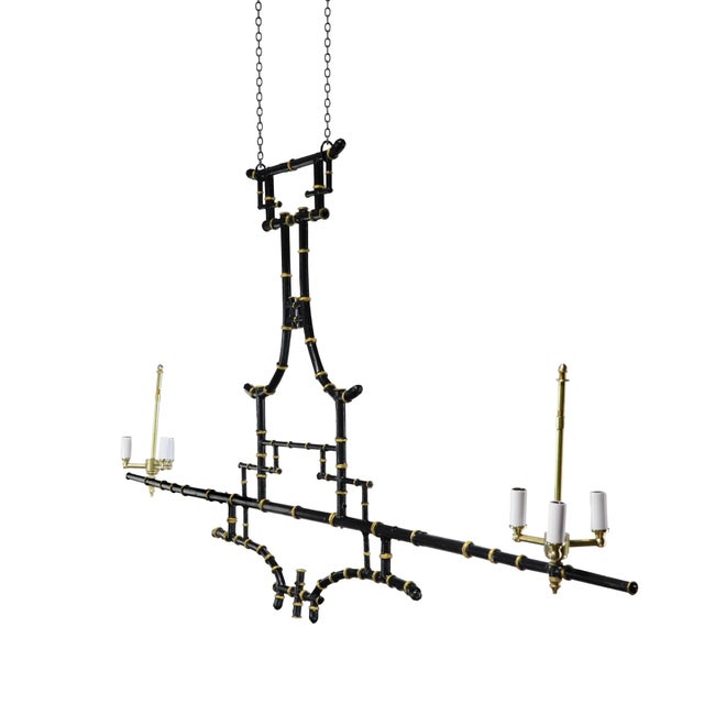 French Vintage Black and Gold Bamboo-Inspired Iron 60-Inch Double-Ended Pool Table/Long Dining Table Pendant Light For Sale - Image 3 of 12