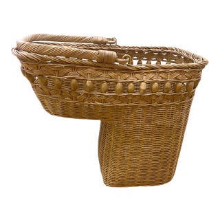 1970’s Bohemian Chic Vintage Handwoven Wicker and Wood L Shaped Stair Basket For Sale