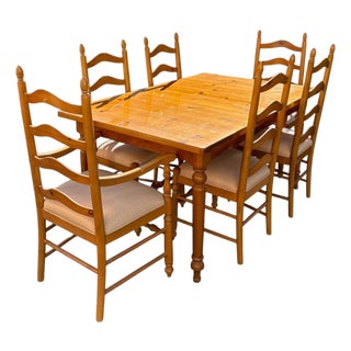 1990s Solid Pine Dining Table and 6 Ladder Back Chairs With 2 Leaves For Sale