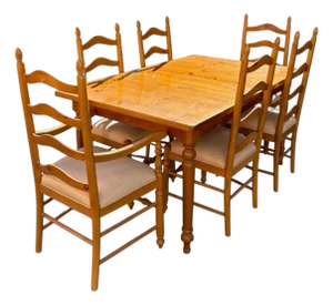 1990s Solid Pine Dining Table and 6 Ladder Back Chairs With 2 Leaves
