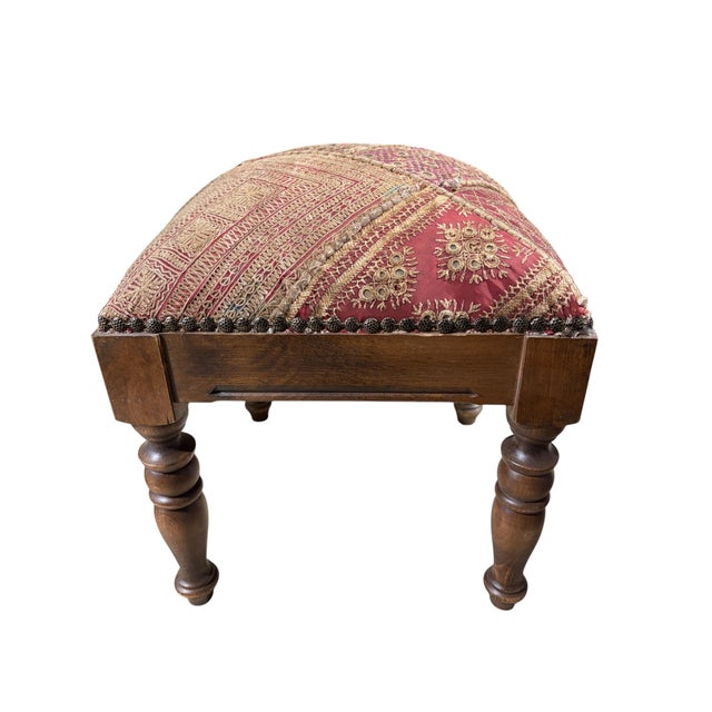 Amazing vintage square stool featuring Kutchi Indian Banjara fabric with traditional mirrors. Solid wood construction in...