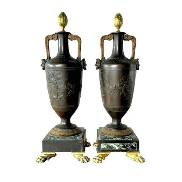 Early 19th Century French Neoclassical Patinated Bronze and Marble Urn Vases, a Pair For Sale - Image 5 of 16
