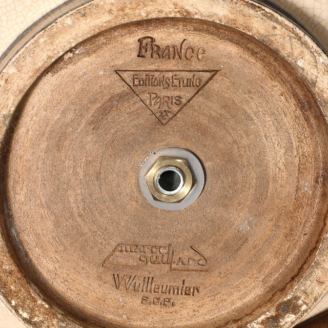 Art Deco Machine Age Craquelure Cream Ceramic Table Lamp Signed Marcel Guillard For Sale - Image 17 of 17