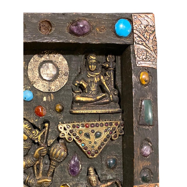 Antique Nepalese Durga Hindu Shrine Brass Wood Stone Inlaid Wall Plaque C1900 For Sale - Image 14 of 16