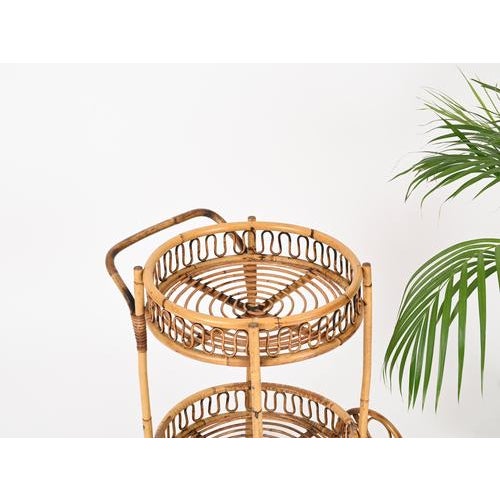 1960s Mid-Century Modern French Riviera Bamboo and Rattan Round Bar Cart by Franco Albini, 1960s For Sale - Image 5 of 11