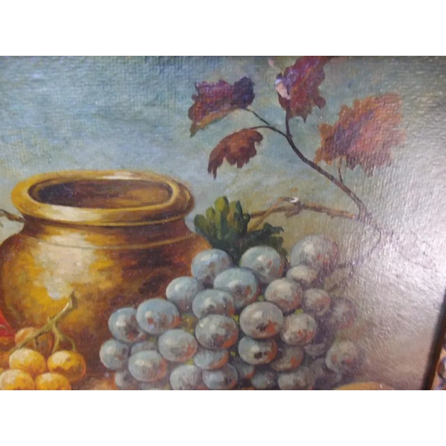 An antique, dreamy, and skillfully executed still life in oil and on cardboard, presented in a striking piano lacquer...