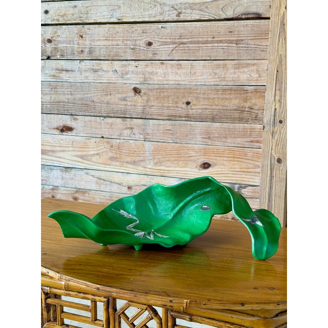 Vintage Sculptural Green Leaf Form Metal Centerpiece Bowl With Découpage Appliqué For Sale - Image 12 of 12