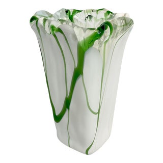 1970s Vintage Boho Chic Murano Style Vase, White Encased With Green. For Sale