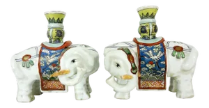 Antique Export White Porcelain Caparisoned Elephant Candleholders / Joss Stick Holders - a Pair