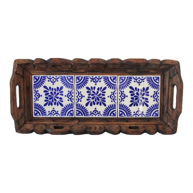 Vintage Hand Carved Mexican Wood and Ceramic Tile Tray For Sale