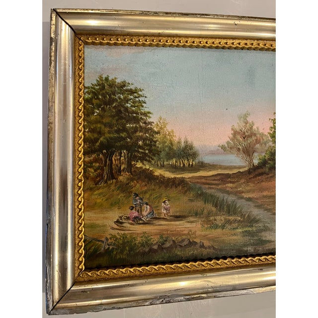 1950s Vintage Oil on Board Painting of People in a Rural Landscape by the Lake For Sale - Image 5 of 6