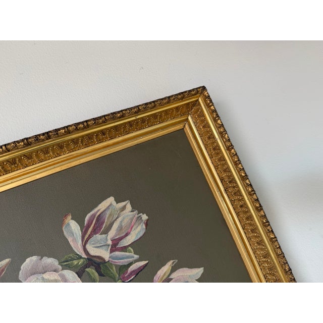 Vintage Magnolia Blossom Still Life Oil on Board Painting in Ornate Gold Wood Frame For Sale - Image 11 of 12