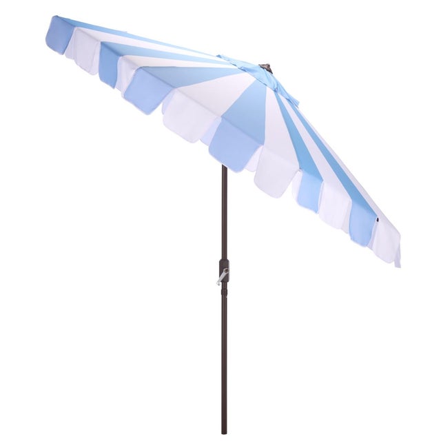Baby Blue Meze 9 Ft Crank Umbrella, Baby Blue Cabana Stripe/Brown Pole For Sale - Image 8 of 9