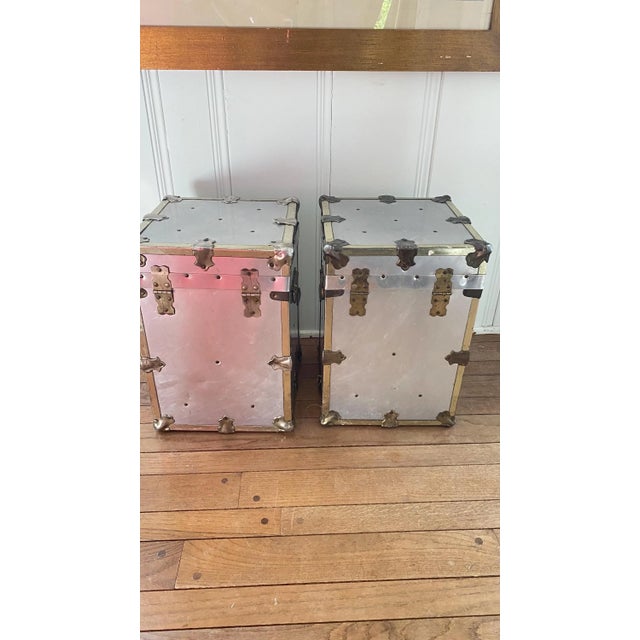 Vintage Campaign Chests Trunks Pair Silver Metal Industrial For Sale In New York - Image 6 of 17