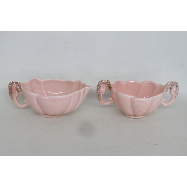 Mid 20th Century Pink Ceramic 3pc Set Tray Sugar Creamer With Gold Sea Horse Handle Design For Sale - Image 9 of 13