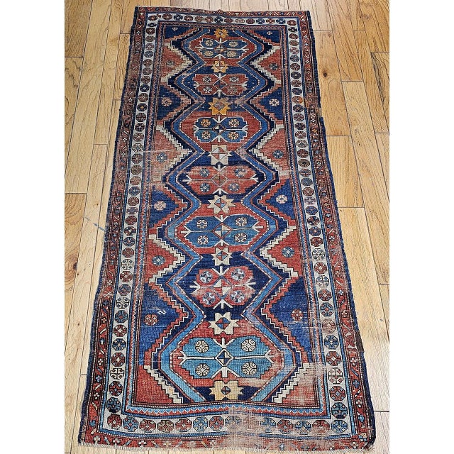 Vintage Persian Kurdish Tribal Rug, Hand-Knotted Wool, Geometric Pattern, Blue & Rust-Red, 4x8 For Sale In Chicago - Image 6 of 14