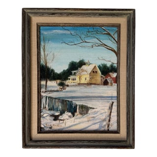 1980s Claire Fridman “Winter Town” Oil on Board Painting For Sale