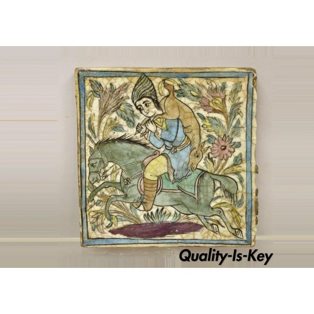 Antique Persian Iznik Qajar Style Ceramic Pottery Square Tile Hunter & Horse C4 For Sale - Image 11 of 11