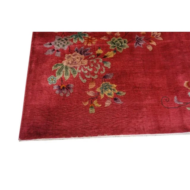 Ruby Red 1930s Lovely Floral and Inspires Joy With Ruby Red Color Chinese Art Deco Rug For Sale - Image 8 of 9