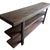 Rustic industrial console or low shelving unit featuring dark stained wood plank shelves and a black metal frame. The...