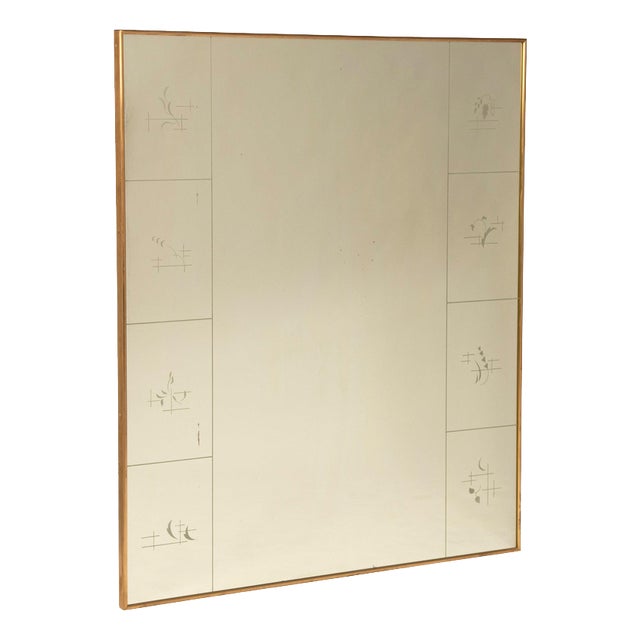 Decorative Mirror with Silk-Screened Designs and Brass Frame, 1940s For Sale