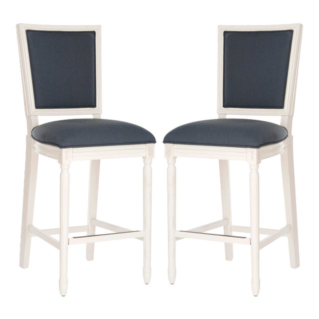 Square Back Barstool in Navy & Creme - a Pair For Sale