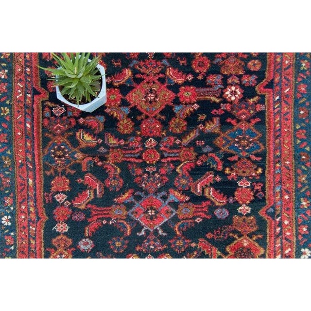 Art Deco 1940s Vintage Floral Geometric Ink Blue Scarlet Red Hand Knotted Wool Low Pile Accent Rug - 3’4” X 6’4” For Sale - Image 3 of 11