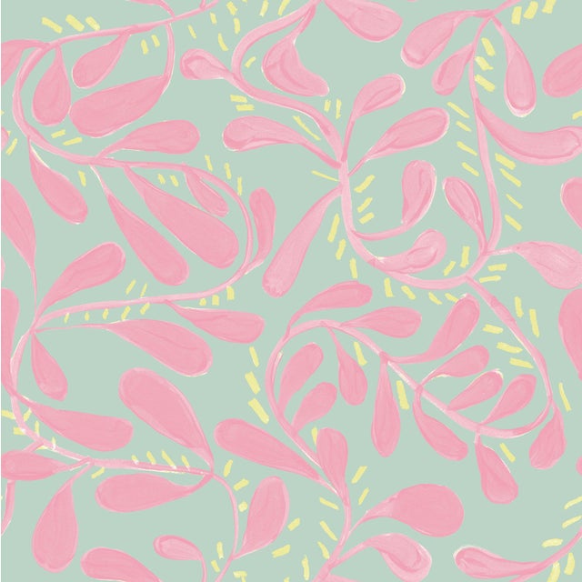 Wallflower Vines Wallpaper by Susan Hable in Pink on Pistachio For Sale