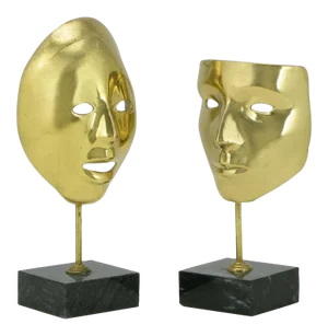 Brass Carnivale Masks Mounted on Black Marble - a Pair
