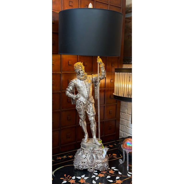 Large Antique Silver on Bronze Conquistador Figural Table Lamp
