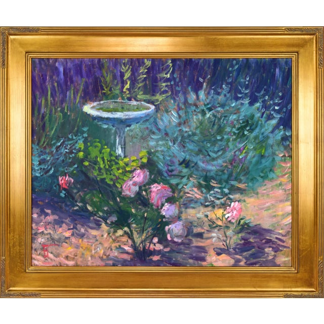 Vintage American Impressionist Landscape Painting With Roses and Bird Bath For Sale - Image 9 of 9