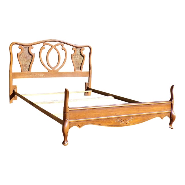Vintage French Provincial French Country Style Cane Walnut Full Double Bed Frame For Sale