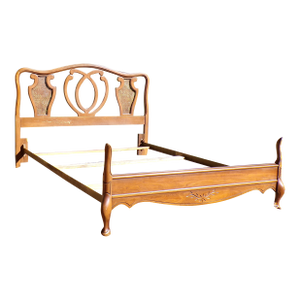 Vintage French Provincial French Country Style Cane Walnut Full Double Bed Frame
