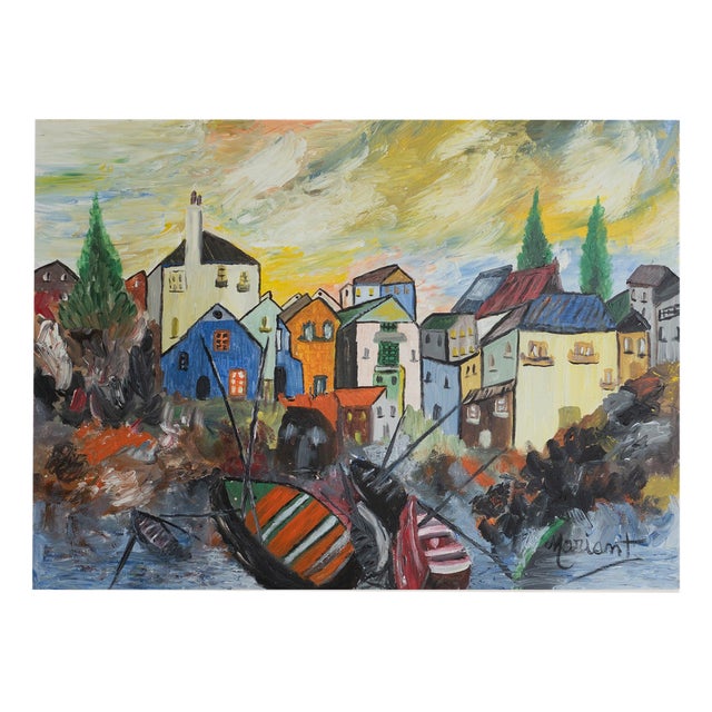 Colorful Mediterranean Village Scene with Boats, Oil Painting For Sale