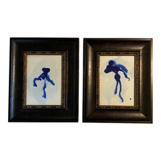 Contemporary 2 Original Abstract Blue Ink Paintings Framed-a Pair For Sale