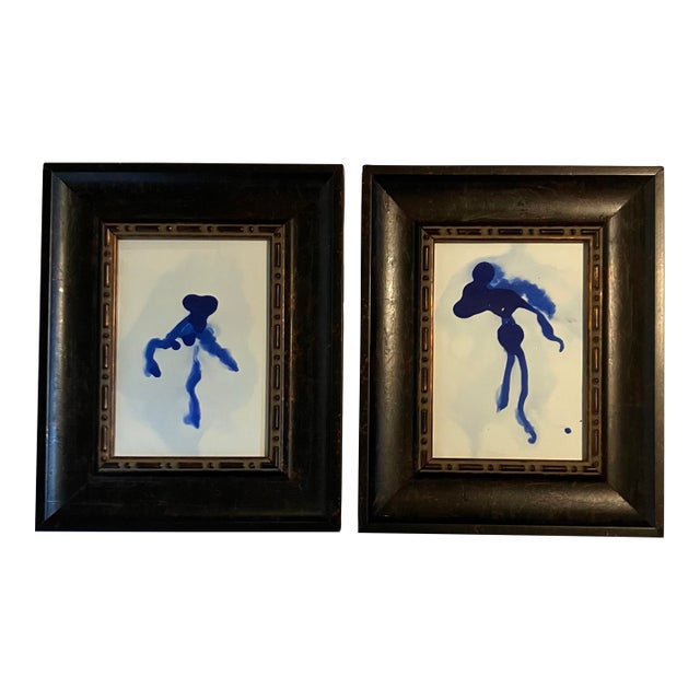 Contemporary 2 Original Abstract Blue Ink Paintings Framed-a Pair For Sale