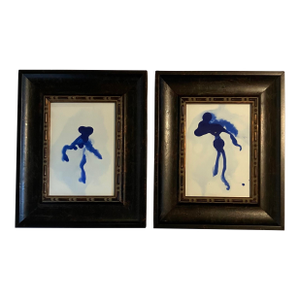Contemporary 2 Original Abstract Blue Ink Paintings Framed-a Pair