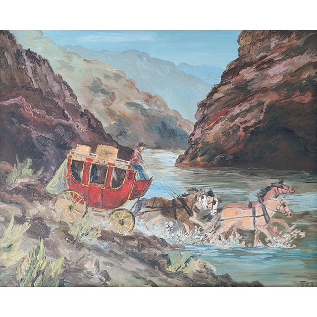 Charming, vintage folk art painting by California rancher Judy Meeks. The painting depicts a stagecoach traversing a large...