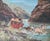 Charming, vintage folk art painting by California rancher Judy Meeks. The painting depicts a stagecoach traversing a large...