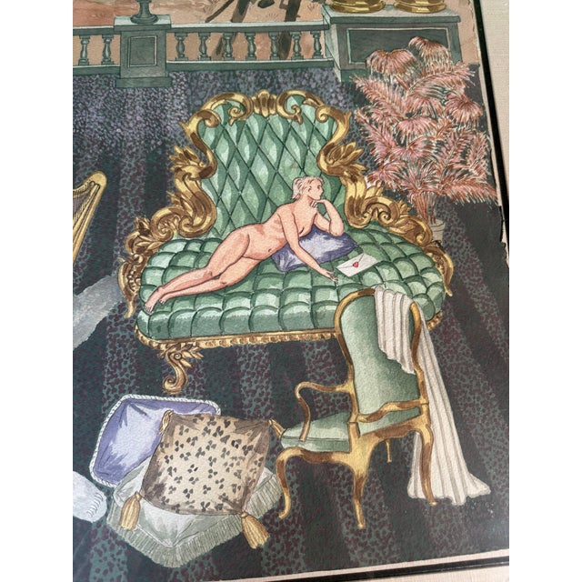 Late 20th Century Surrealist Watercolor and Gouache, Colonnade Interior With Reclining Nude and Desert View For Sale - Image 4 of 7