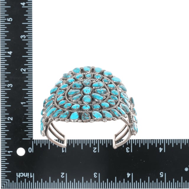 6.5" 60's-70's large Native American Sterling turquoise cluster cuff bracelet For Sale - Image 9 of 11