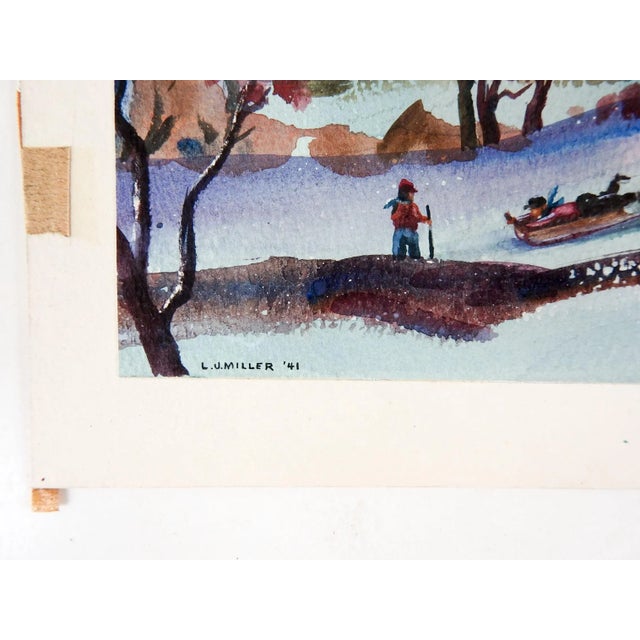 Small vintage 1941 watercolor on paper winter snow scene with toboggan painting by Lewis J. Miller (1912-2007) New...
