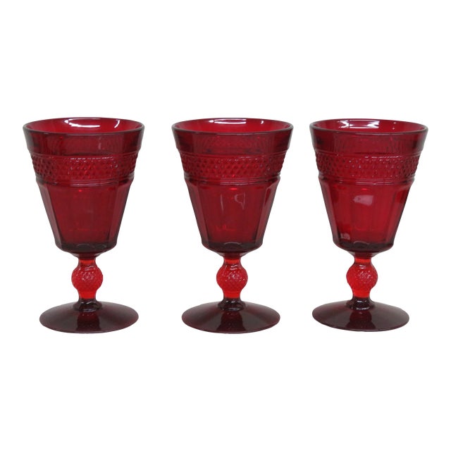 Viking Glass Mt Vernon Ruby Red Panel 3 Tall Wine Water Goblets Cups For Sale