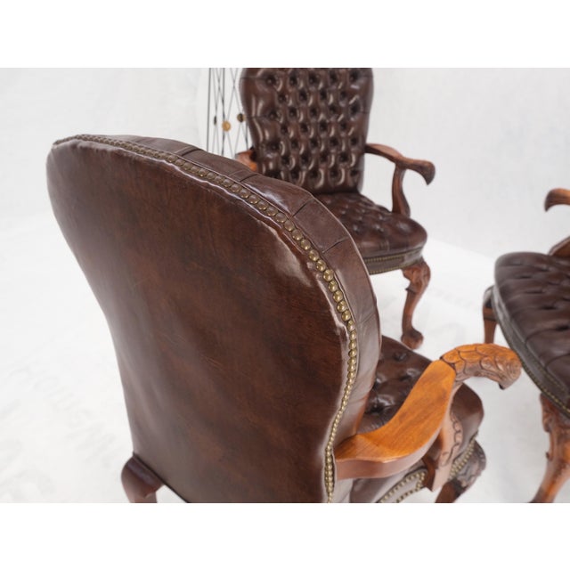 Brown Leather Chesterfield Backs & Seat Carved Walnut Armchairs Fireside Chairs For Sale - Image 12 of 13