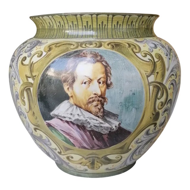 Large Hand-Painted Majolica Vase, 1950s For Sale